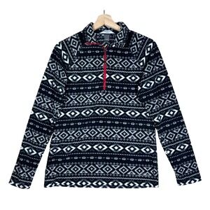 Eddie Bauer Womens Fleece‎ Pullover Aztec Print Quarter Zip Black Small Nordic